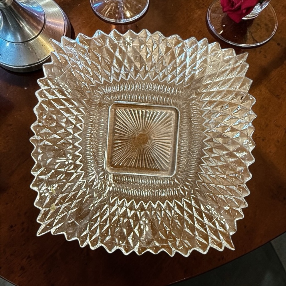 Vintage collectible glass candy dish featuring a clear diamond point pattern
